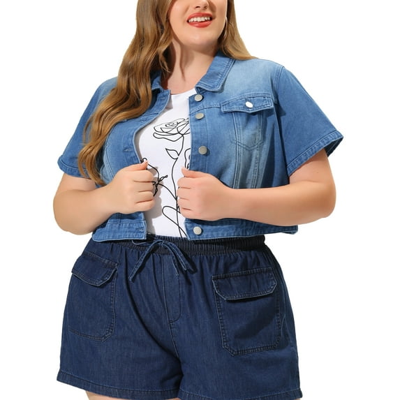 MODA NOVA Juniors Plus Size Cropped Wash Short Sleeves Denim Jacket