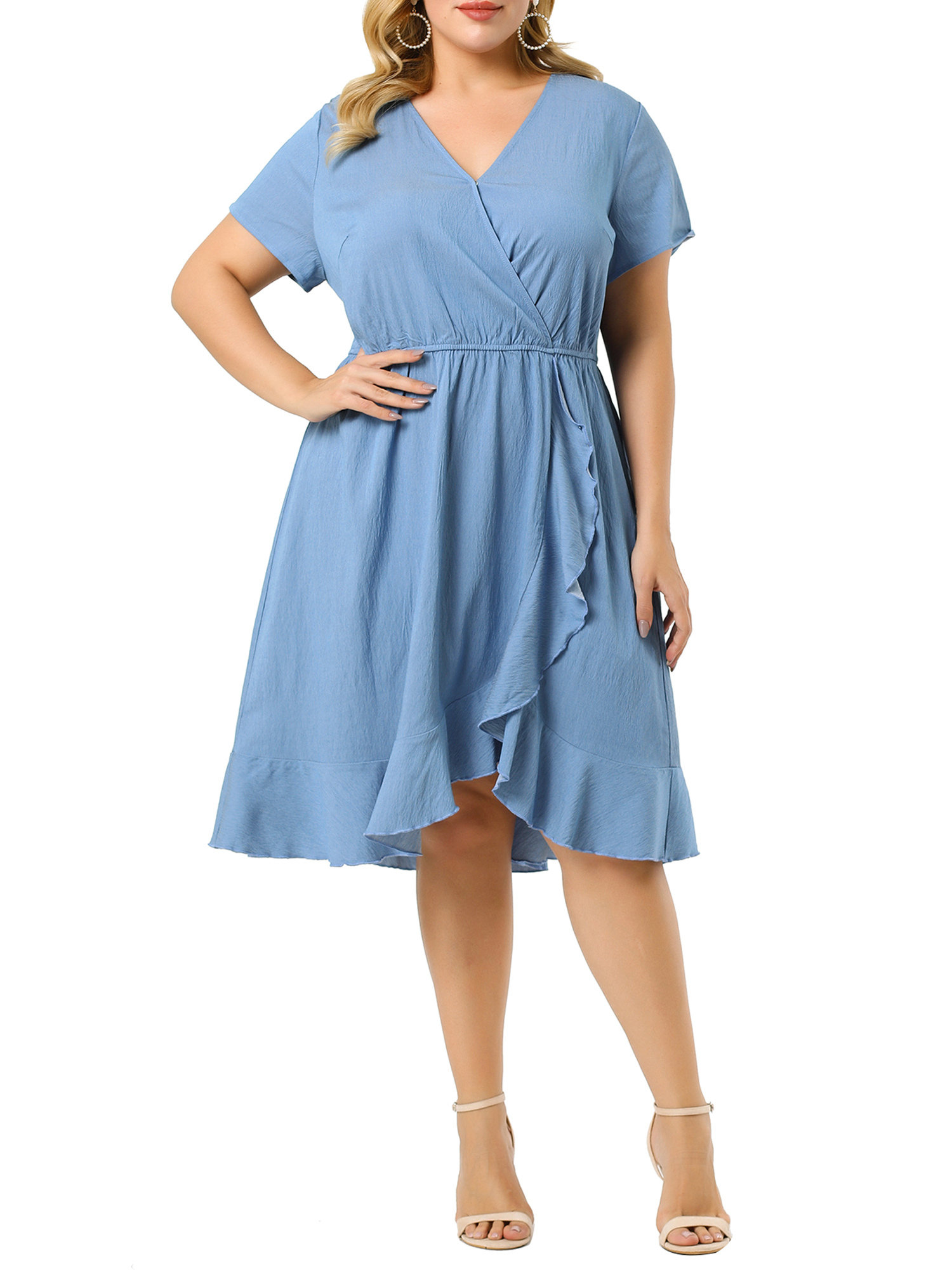 MODA NOVA Juniors Plus Size Denim Dress Wrap Elastic Waist Ruffle Dresses
