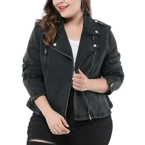 MODA NOVA Juniors Plus Size Denim Inclined Zip Motorcycle Jacket