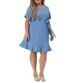 thumbnail image 1 of MODA NOVA Juniors' Plus Size Denim Round Neck Roll Up Sleeve Ruffle Chambray Midi Dresses 4X Light Blue, 1 of 5