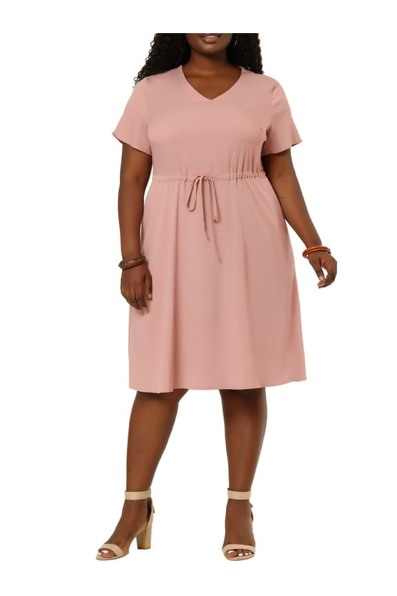 Juniors' Plus Size Denim V Neck A Line Short Sleeve Drawstring Midi Dress
