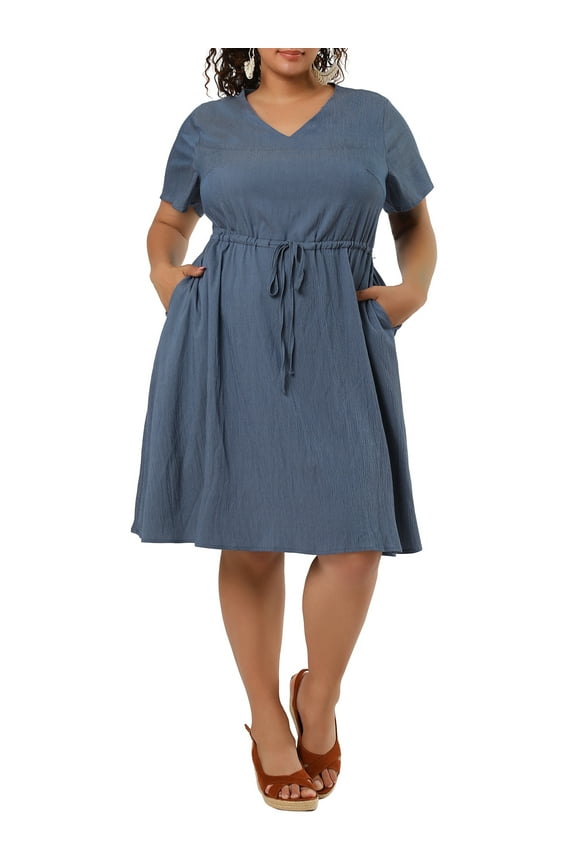 Juniors' Plus Size Denim V Neck A Line Short Sleeve Drawstring Midi Dress
