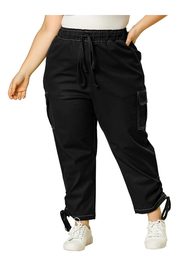 Juniors Plus Size Drawstring Elastic Waist Stacked Cargo Pants