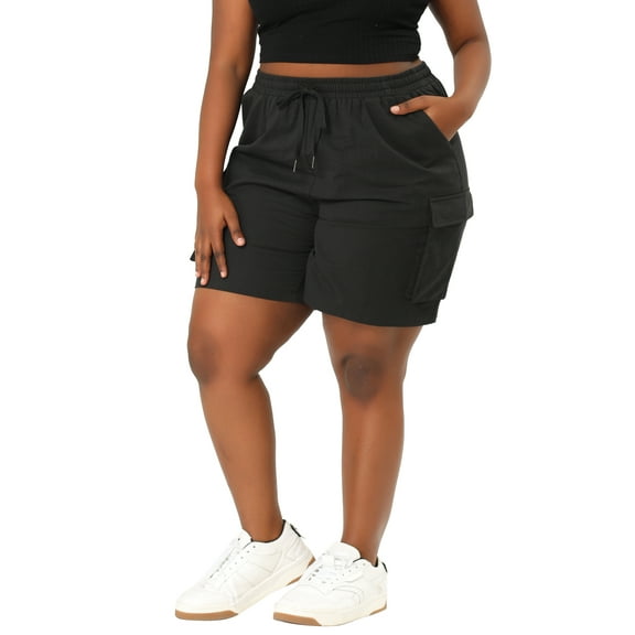 CURVY GLAM Juniors' Plus Size Drawstring Elastic Waist Straight Leg Flap Pockets Cargo Shorts 1X Black