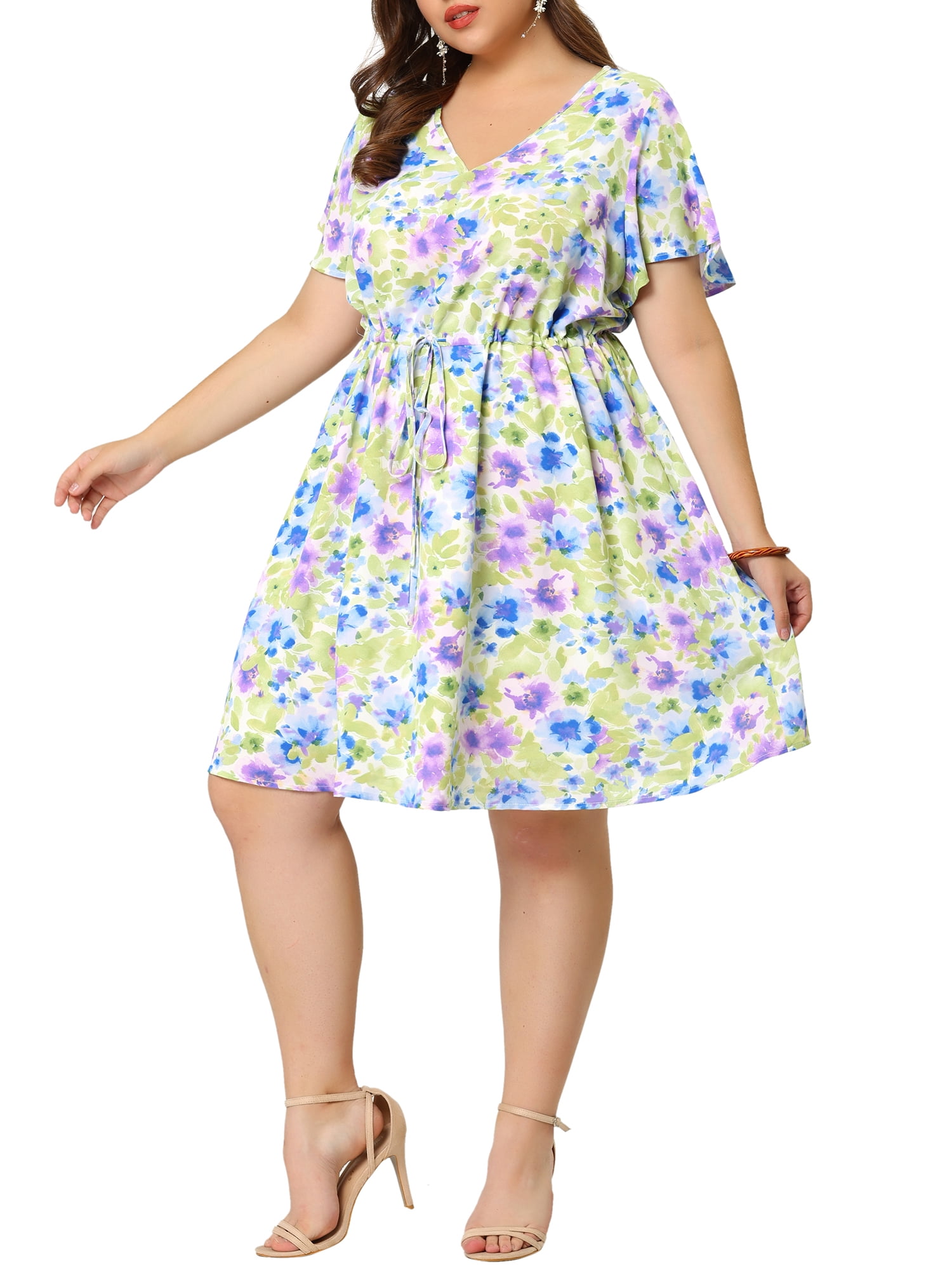 MODA NOVA Juniors' Plus Size Dresses Floral Drawstring Waist V