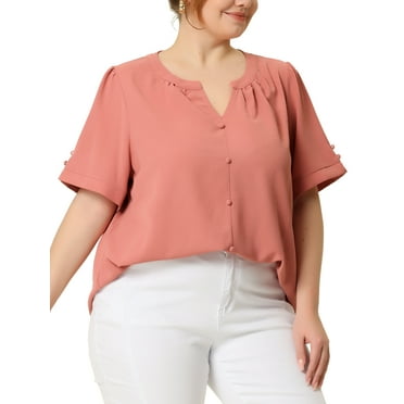 MODA NOVA Juniors Plus Size Dressy Button Down Ruched V Neck Office Shirt Pink 1X