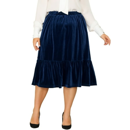 MODA NOVA Juniors Plus Size Elastic Waist Ruffle Hem Party Midi Velvet Skirt Navy Blue 4X