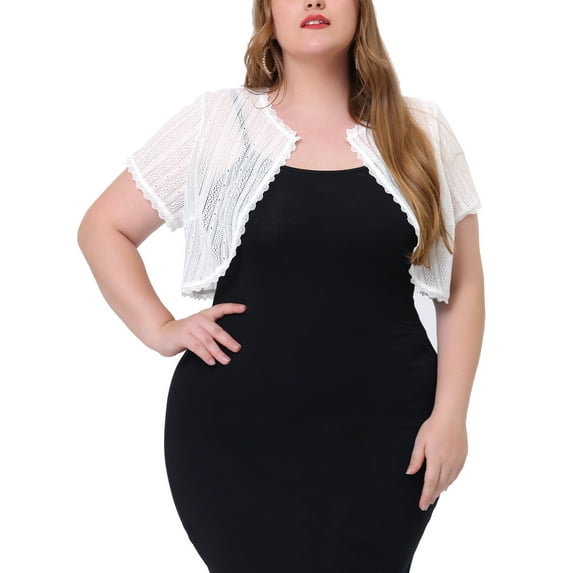 MODA NOVA Juniors Plus Size Elegant Short Sleeve Sheer Floral Lace Crop Shrug White 3X