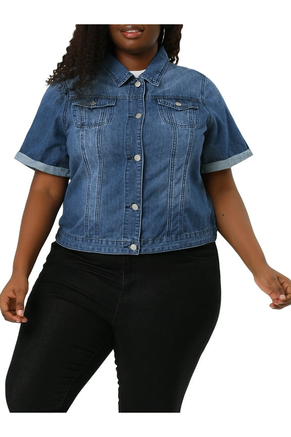Juniors Plus Size Fall Button Down Crop Jean Trucker Denim Jacket 1X Blue