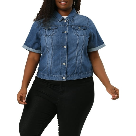 MODA NOVA Juniors Plus Size Fall Button Down Crop Jean Trucker Denim Jacket 1X Blue