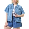 thumbnail image 1 of MODA NOVA Juniors Plus Size Fall Button Down Crop Jean Trucker Denim Jacket 2X Light Blue, 1 of 5