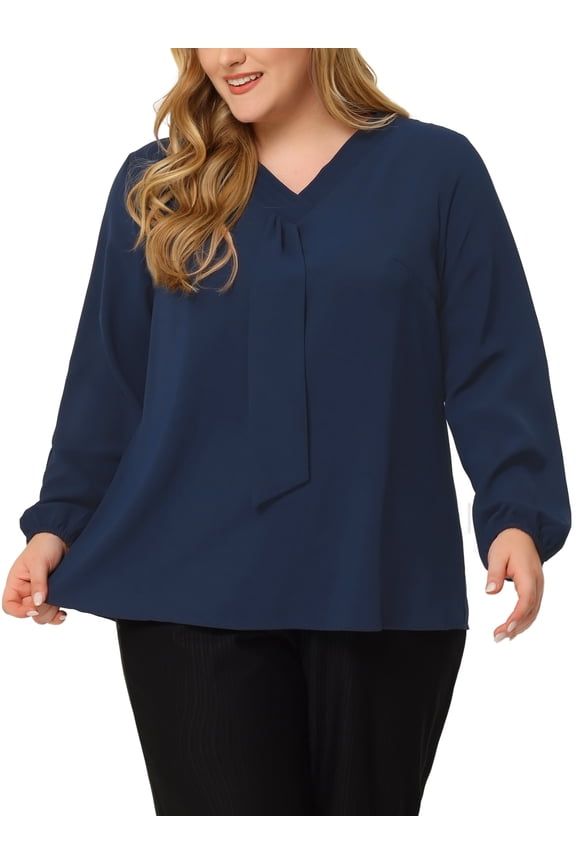 Juniors Plus Size Fashion Work Long Sleeves Ribbon Front Chiffon Blouse