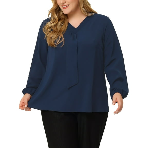 MODA NOVA Juniors Plus Size Fashion Work Long Sleeves Ribbon Front Chiffon Blouse