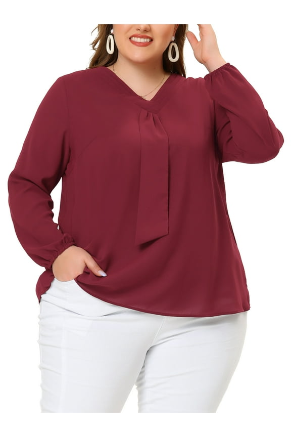 Juniors Plus Size Fashion Work Long Sleeves Ribbon Front Chiffon Blouse