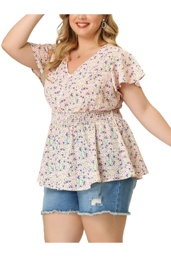 Juniors' Plus Size Flare Sleeve Casual V Neck Smocked Waist Floral Blouses Pink 3X