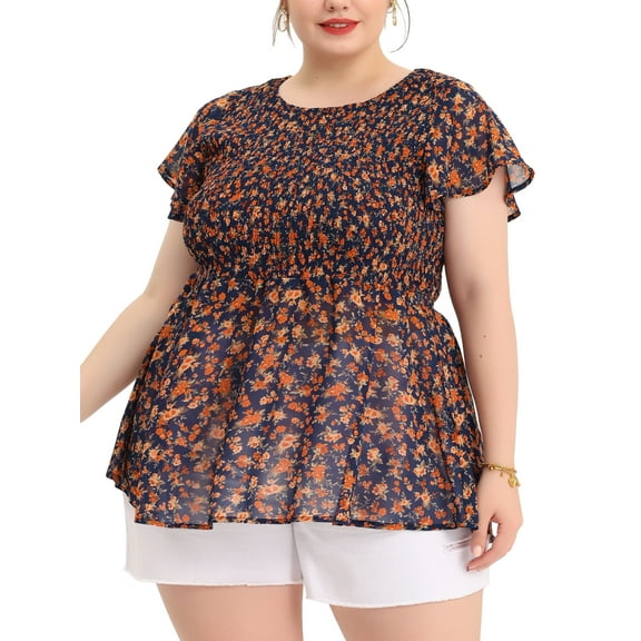 MODA NOVA Juniors' Plus Size Flare Sleeve Smock Waist Round Neck Ditsy Floral Peplum Tops