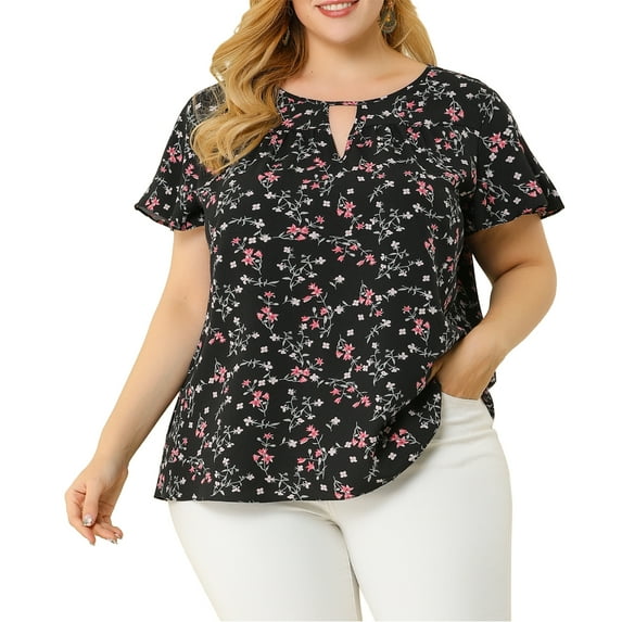 MODA NOVA Juniors Plus Size Floral Keyhole Flared Short Sleeve Chiffon Blouse Black 2X