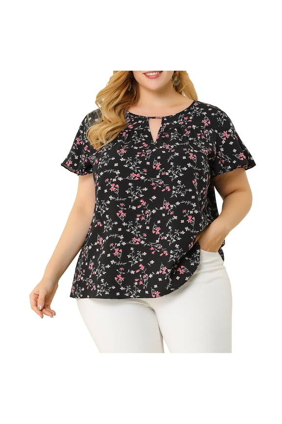 Juniors Plus Size Floral Keyhole Flared Short Sleeve Chiffon Blouse Black 4X