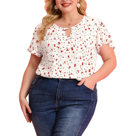 MODA NOVA Juniors Plus Size Floral Keyhole Flared Short Sleeve Chiffon Blouse White Red 3X