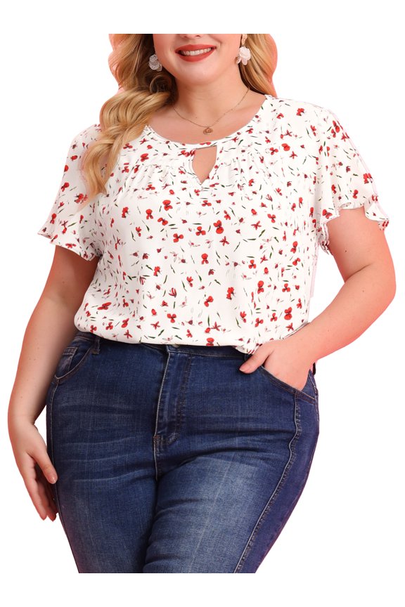 Juniors Plus Size Floral Keyhole Flared Short Sleeve Chiffon Blouse White Red 4X