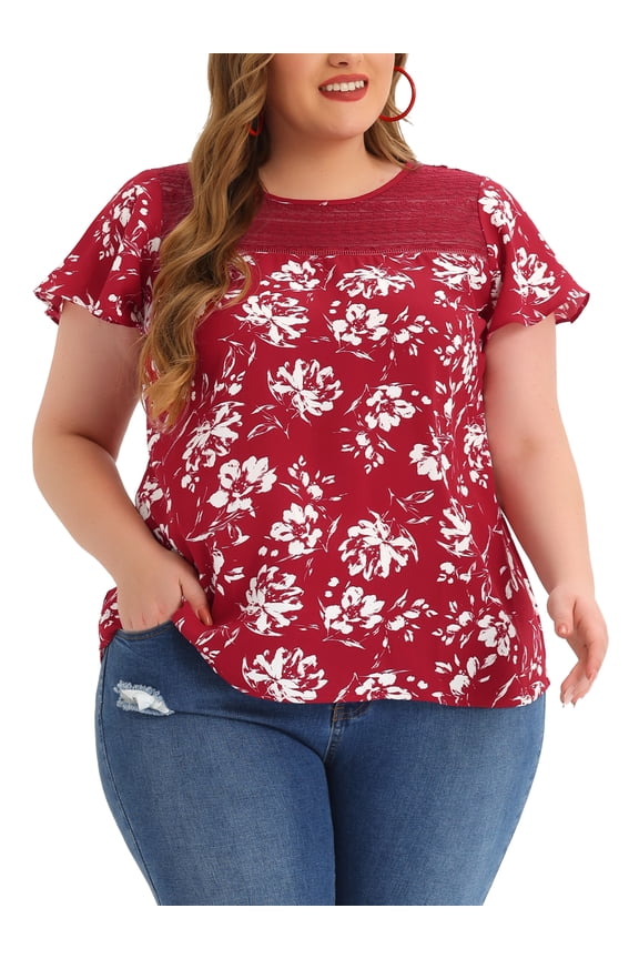 Juniors Plus Size Floral Lace Keyhole Back Flared Sleeve Blouse Burgundy 1X