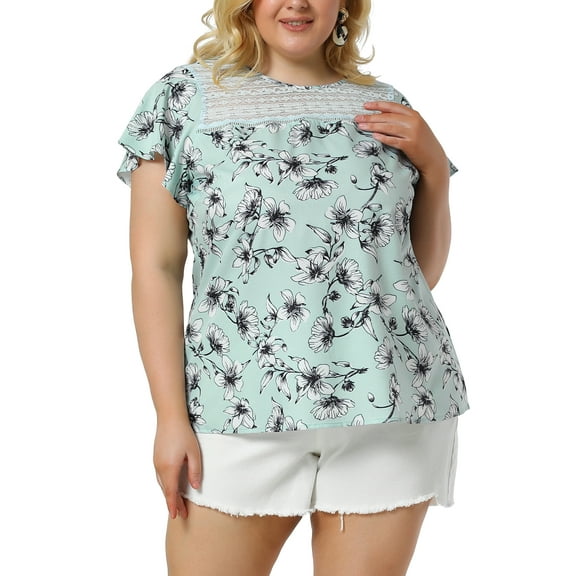 MODA NOVA Juniors Plus Size Floral Lace Keyhole Back Flared Sleeve Blouse Lake Blue 4X