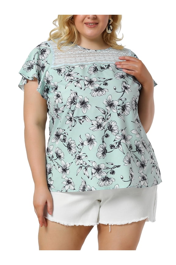 Juniors Plus Size Floral Lace Keyhole Back Flared Sleeve Blouse Lake Blue 4X