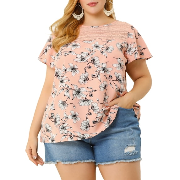 MODA NOVA Juniors Plus Size Floral Lace Keyhole Back Flared Sleeve Blouse Pink 3X
