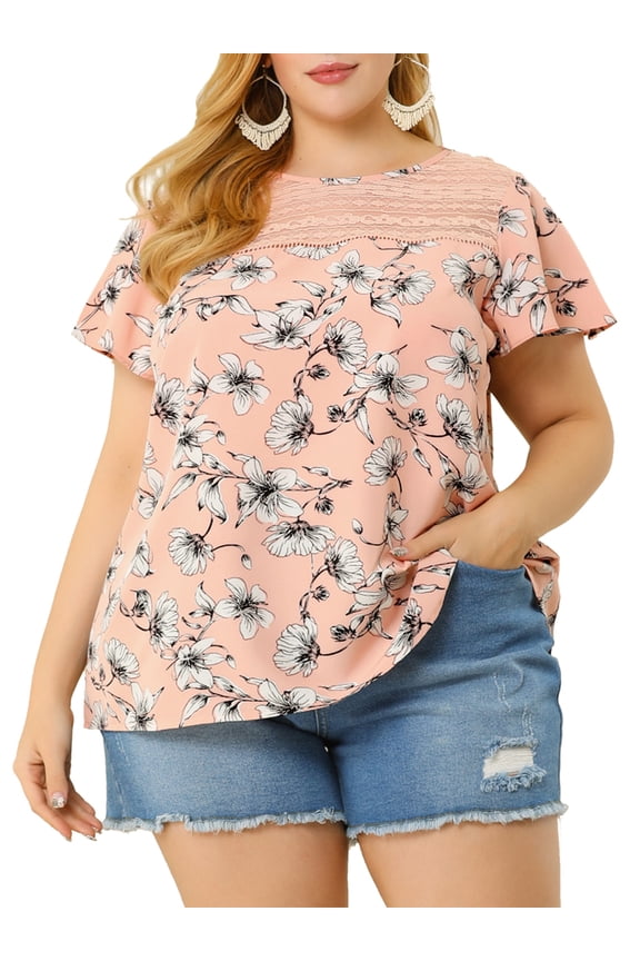 Juniors Plus Size Floral Lace Keyhole Back Flared Sleeve Blouse Pink 3X