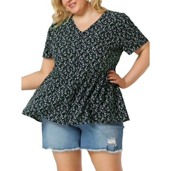 MODA NOVA Juniors Plus Size Floral V Neck Short Sleeve Ruffle Peplum Blouse Navy 2X