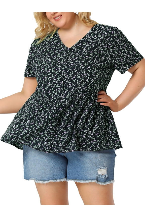 Juniors Plus Size Floral V Neck Short Sleeve Ruffle Peplum Blouse Navy 2X