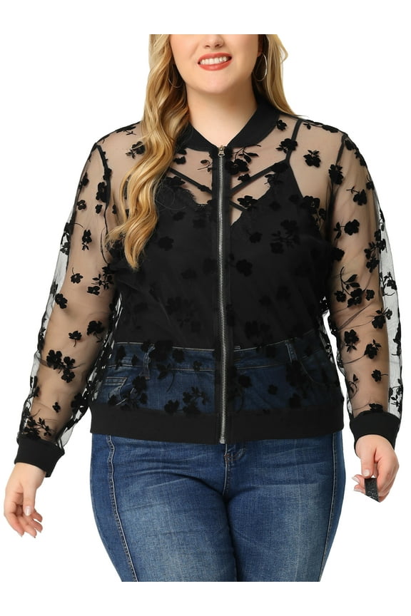 Juniors Plus Size Jackets Mesh Sheer Floral Lace Long Sleeve Bomber Jacket