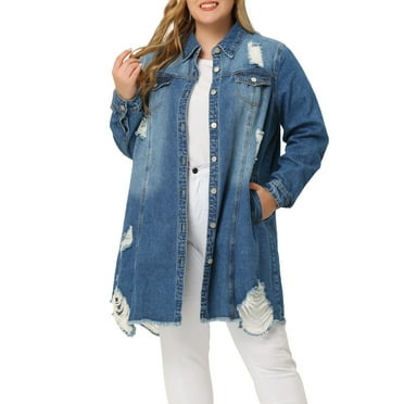 MODA NOVA Juniors Plus Size Jean Jacket Classic Distressed Fray Hem Trucker Denim Jackets Dark Blue 1X