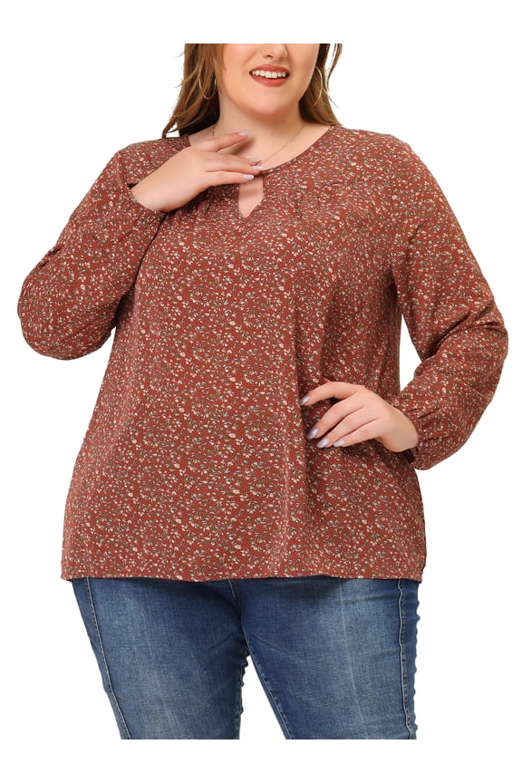 Juniors Plus Size Keyhole Long Sleeve Floral Chiffon Bllouse 1X Brown