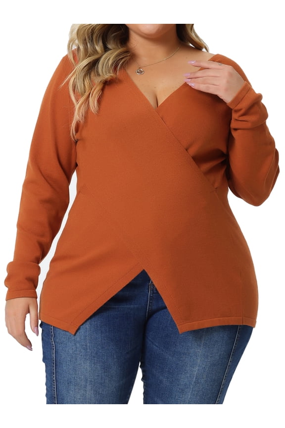 Juniors Plus Size Knit Deep V Neck Wrap Curvy Pullover Sweaters