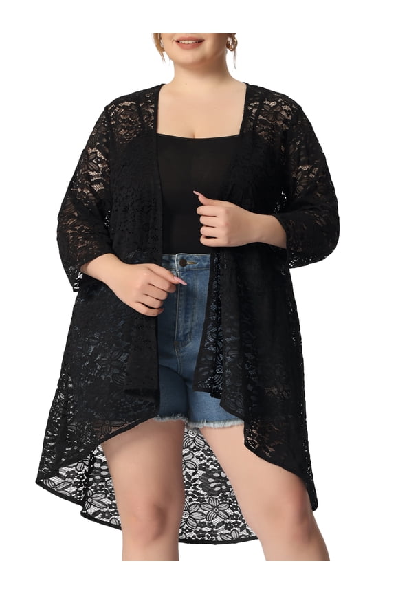 Juniors Plus Size Lace Floral High Low Hem 3/4 Sleeve Sheer Cardigan Black 2X