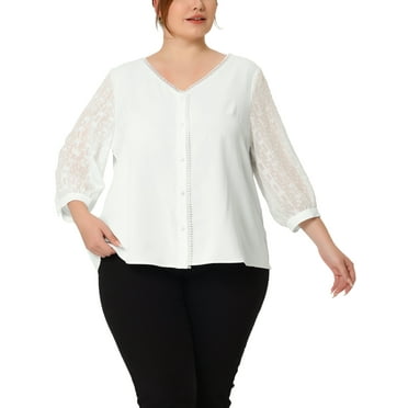 MODA NOVA Juniors Plus Size Lace Floral V Neck 3/4 Sleeves Button Blouse White 2X