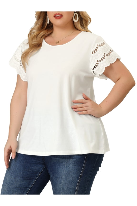 Juniors' Plus Size Lace Panel Elegant Short Sleeve Tops