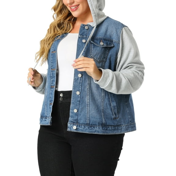 MODA NOVA Juniors Plus Size Layered Drawstring Hood Denim Jacket Blue 1X