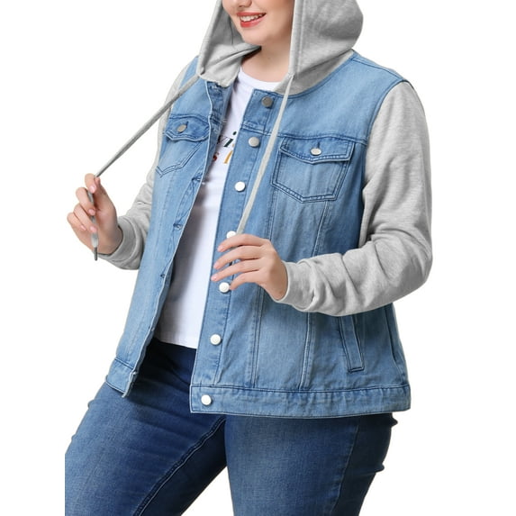 MODA NOVA Juniors Plus Size Layered Drawstring Hood Denim Jacket Sky Blue 5X