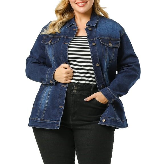 MODA NOVA Juniors Plus Size Long Sleeve Button Down Jean Denim Jacket with Pockets 1X Dark Blue