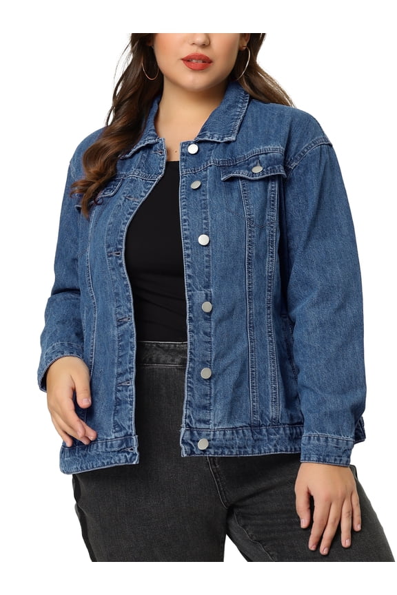 Women's Plus Size Jean Jacket Stitching Button Washed Denim Outerwear Coat 1X Denim Blue