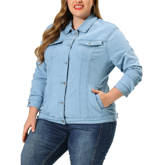 MODA NOVA Juniors Plus Size Long Sleeve Button Down Jean Denim Jacket with Pockets 2X Ice Blue