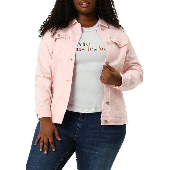 MODA NOVA Juniors Plus Size Long Sleeve Button Down Jean Denim Jacket with Pockets 4X Pink