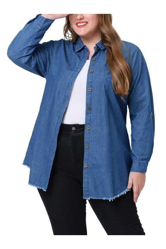Juniors' Plus Size Long Sleeve Chambray Button Down Denim Long Shirt Jacket