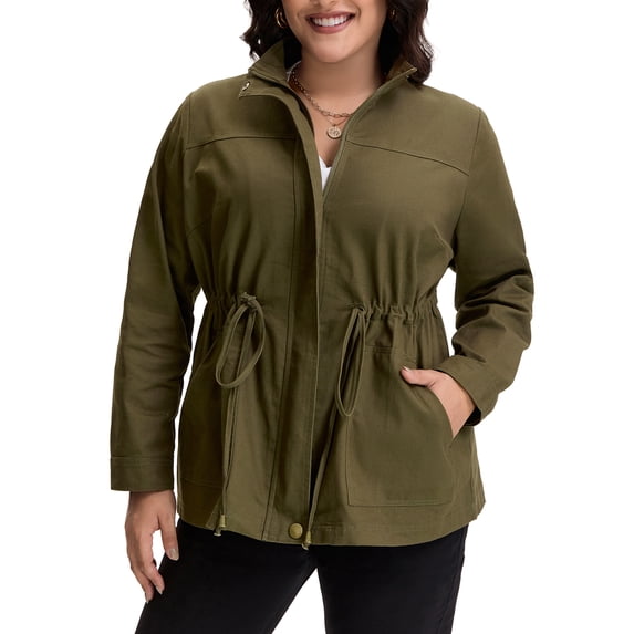 MODA NOVA Juniors Plus Size Long Sleeve Drawing Waist Fall Jacket 1X Army Green