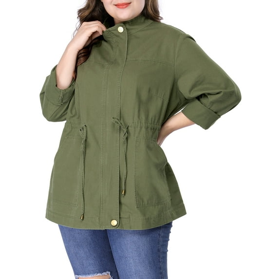 MODA NOVA Juniors Plus Size Long Sleeve Drawing Waist Fall Jacket 1X Army Green