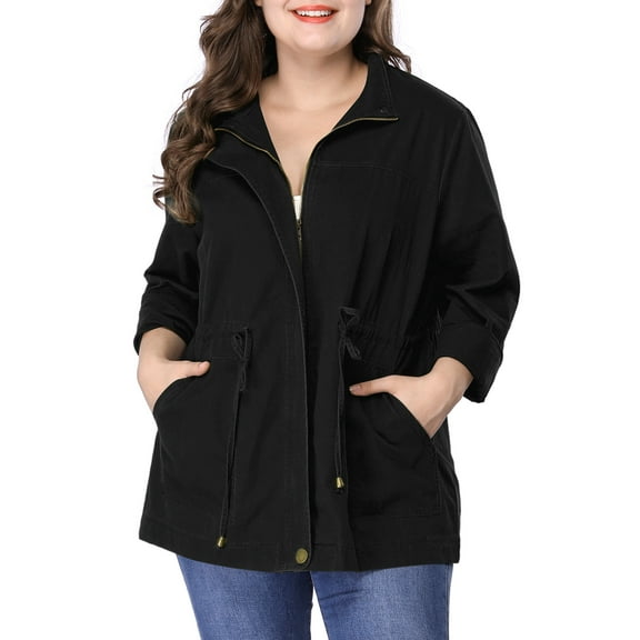 MODA NOVA Juniors Plus Size Long Sleeve Drawing Waist Fall Jacket 1X Black
