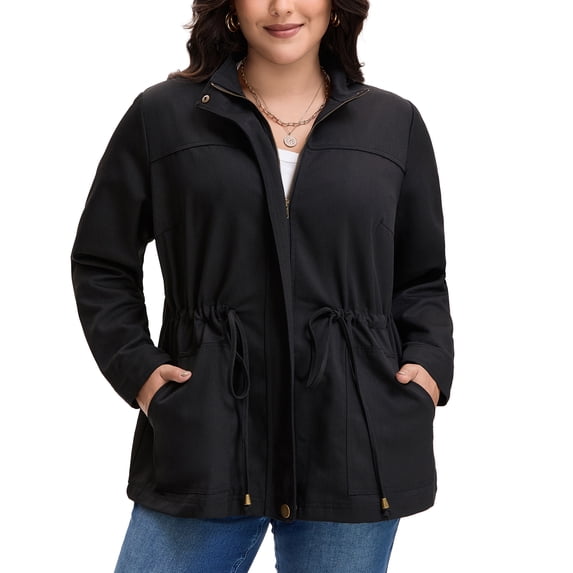 MODA NOVA Juniors Plus Size Long Sleeve Drawing Waist Fall Jacket 2X Black