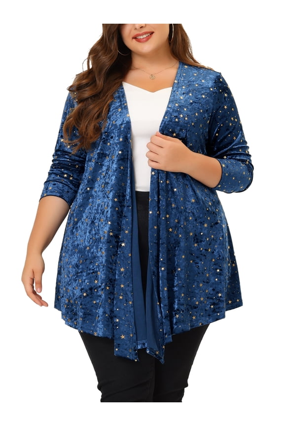 Juniors Plus Size Long Sleeves Open Front Stars Velet Cardigan